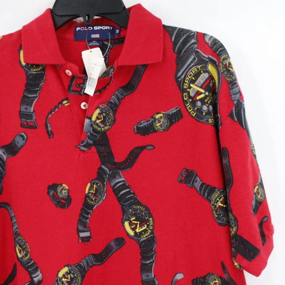 NWT Vintage Ralph Lauren Polo Sport Shirt Mens Medium All Over Watch Print